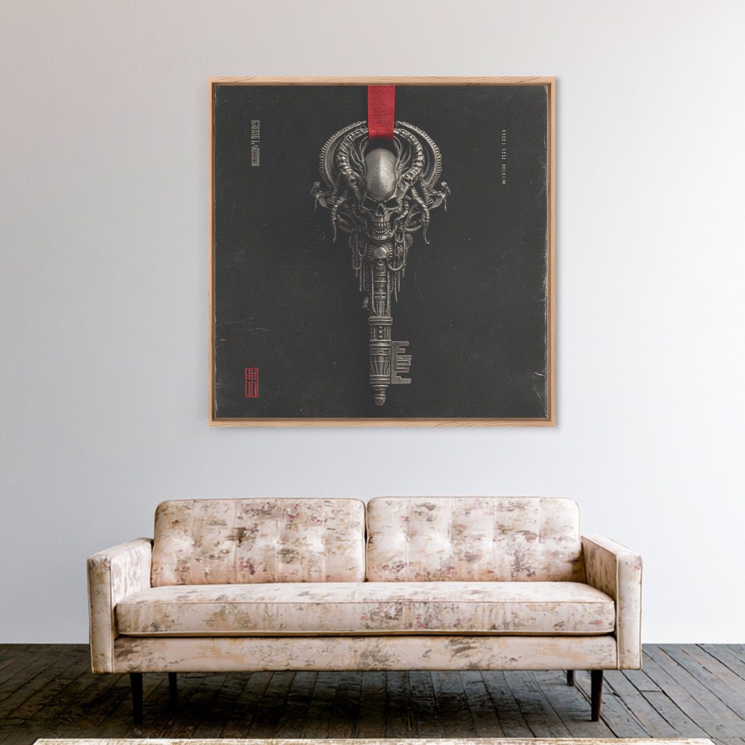 The Coffin Key, Biomechanical Horror Art, Square Wall Art, Dark Halloween Decor, Framed Canvas Print, Halloween Wall Art, Gothic Home Decor
