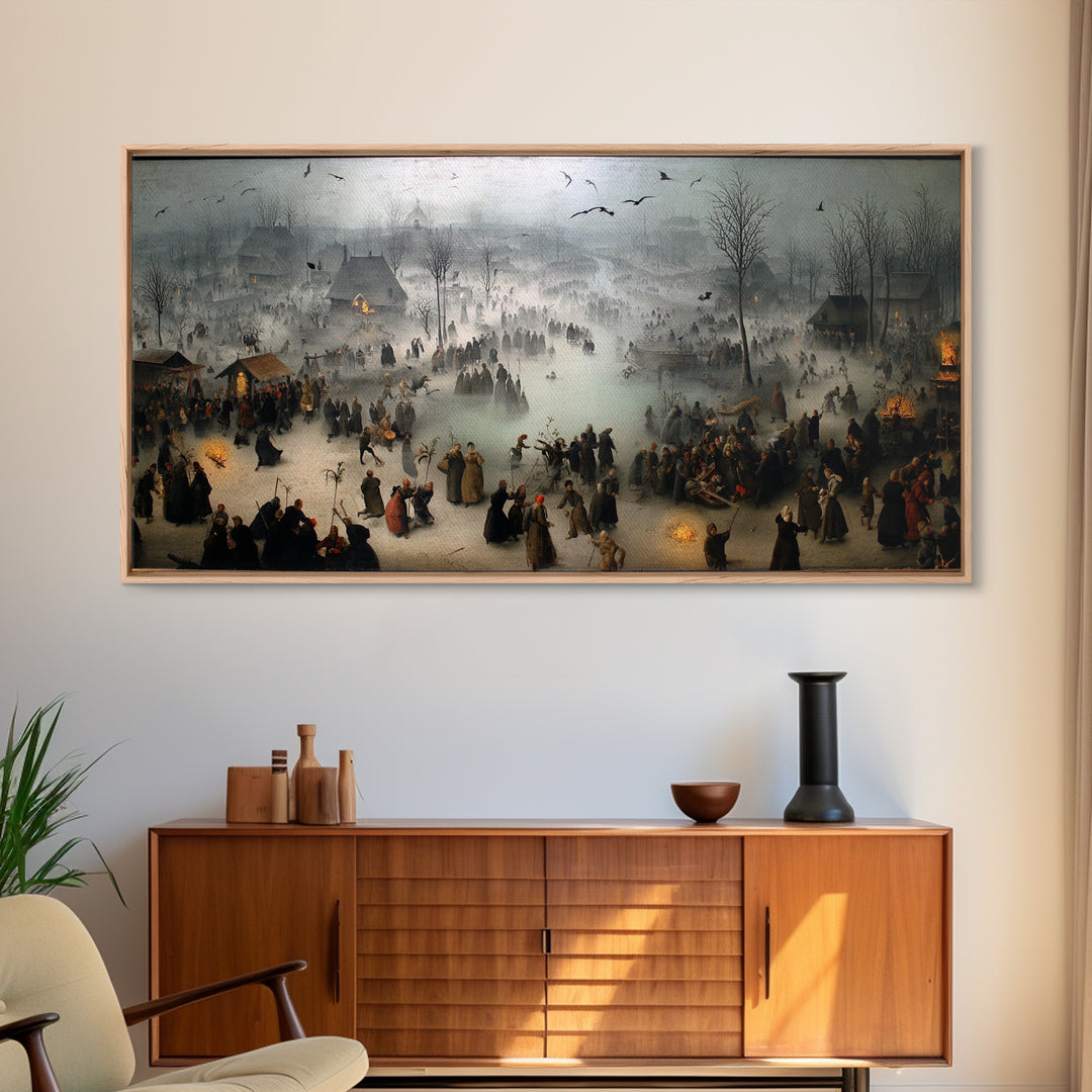 The Antique Spirit Board, Northern Renaissance Horror, Wide Panoramic Art, Dark Halloween Decor, Framed Canvas Print