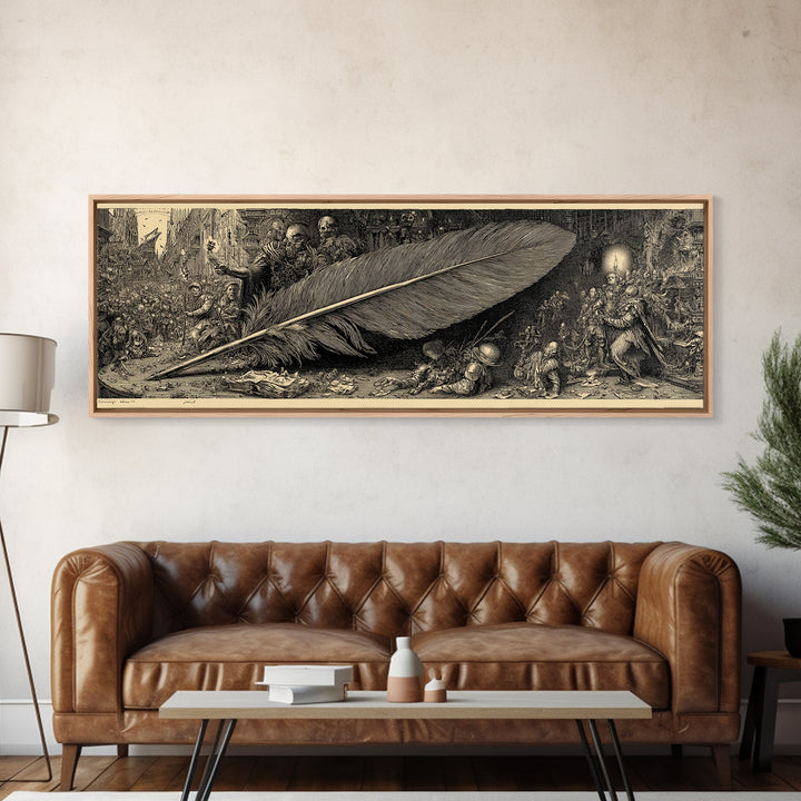 The Raven-Feather Quill, Medieval Grotesque Art, Extra Wide Wall Art, Dark Halloween Decor, Framed Canvas Print, Halloween Wall Art