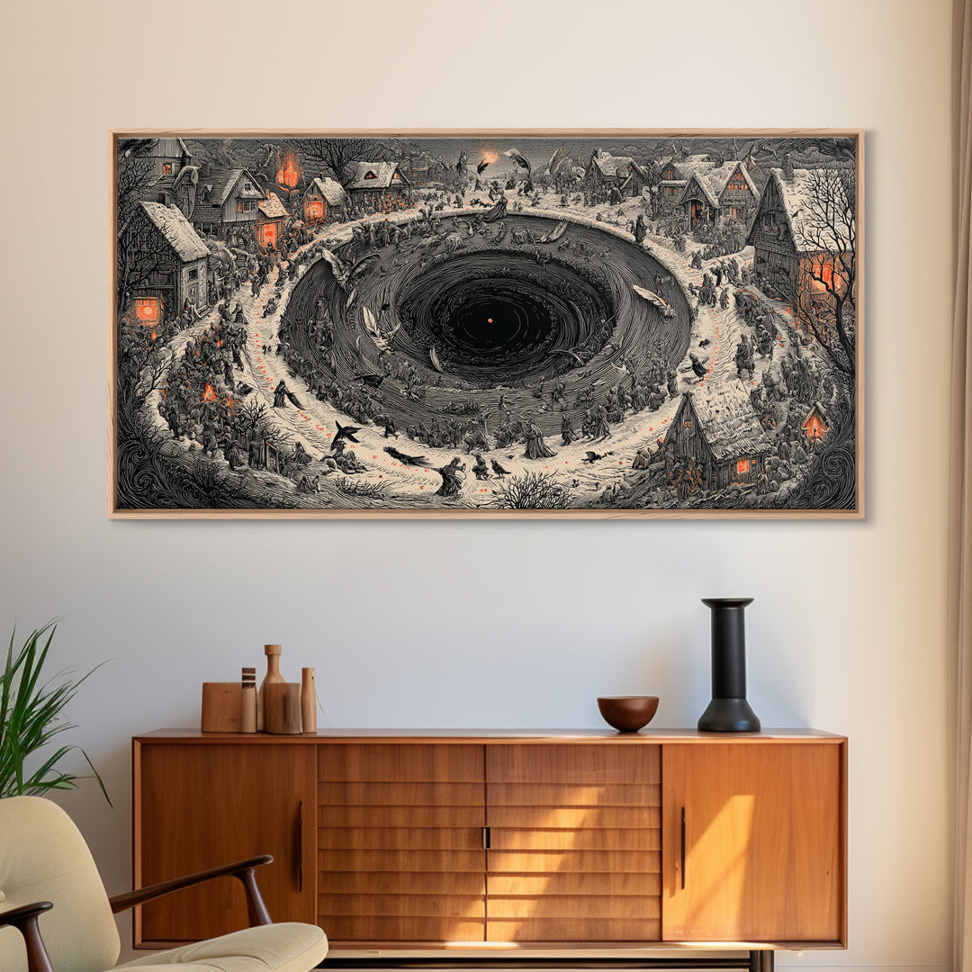 The Raven-Feather Quill, Northern Renaissance Horror, Wide Panoramic Art, Gothic Horror Wall Art, Framed Canvas Print