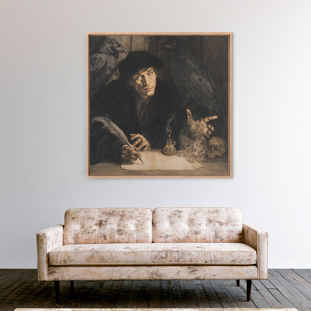 The Raven-Feather Quill, Danse Macabre Art, Square Wall Art, Macabre Wall Art, Framed Canvas Print, Halloween Wall Art