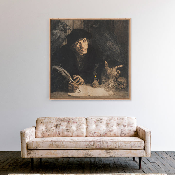 The Raven-Feather Quill, Danse Macabre Art, Square Wall Art, Macabre Wall Art, Framed Canvas Print, Halloween Wall Art