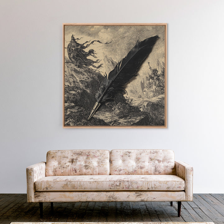 The Raven-Feather Quill, Baroque Witchcraft Art, Square Wall Art, Macabre Wall Art, Framed Canvas Print, Halloween Wall Art