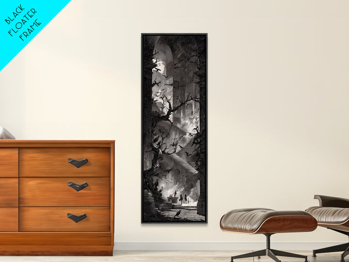 The Raven-Feather Quill, Architectural Etching Art, Tall Narrow Wall Art, Gothic Horror Wall Art, Framed Canvas Print