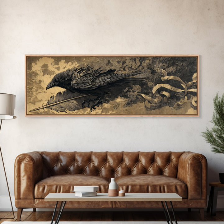 The Raven-Feather Quill, Apocalyptic Romantic Art, Extra Wide Wall Art, Dark Halloween Decor, Framed Canvas Print, Halloween Wall Art
