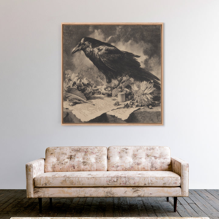 The Raven-Feather Quill, Symbolist Dream Art, Square Wall Art, Dark Halloween Decor, Framed Canvas Print, Halloween Wall Art
