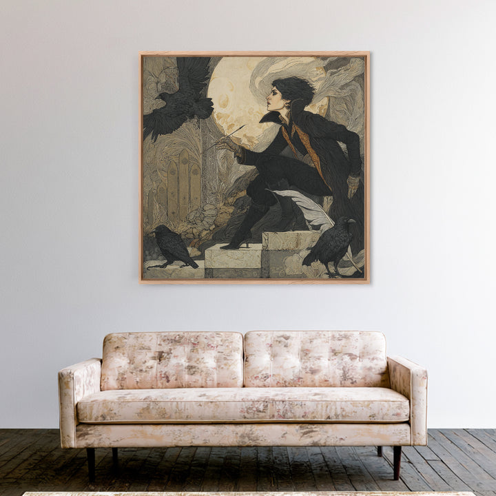 The Raven-Feather Quill, Symbolist Death Art, Square Wall Art, Gothic Horror Wall Art, Canvas Print, Halloween Wall Art