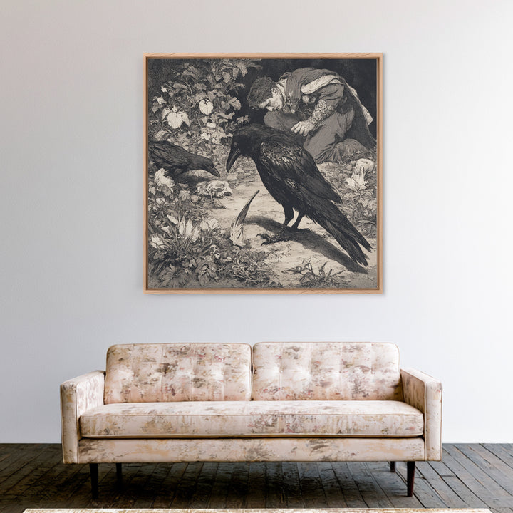 The Raven-Feather Quill, Symbolist Etching Art, Square Wall Art, Gothic Horror Wall Art, Framed Canvas Print, Halloween Wall Art