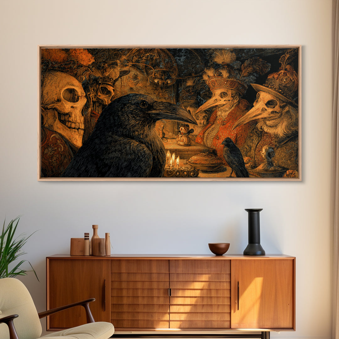 The Raven-Feather Quill, Grotesque Carnival Art, Wide Panoramic Art, Dark Fantasy Wall Art, Framed Canvas Print, Halloween Wall Art