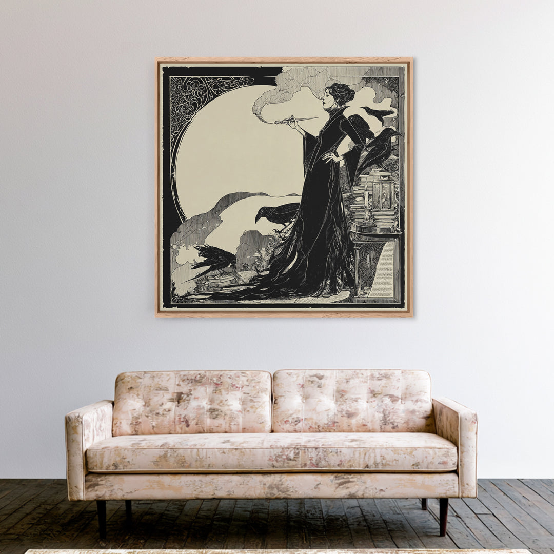 The Raven-Feather Quill, Decadent Line Art, Square Wall Art, Dark Fantasy Wall Art, Framed Canvas Print, Halloween Wall Art
