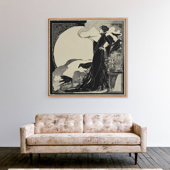 The Raven-Feather Quill, Decadent Line Art, Square Wall Art, Dark Fantasy Wall Art, Framed Canvas Print, Halloween Wall Art