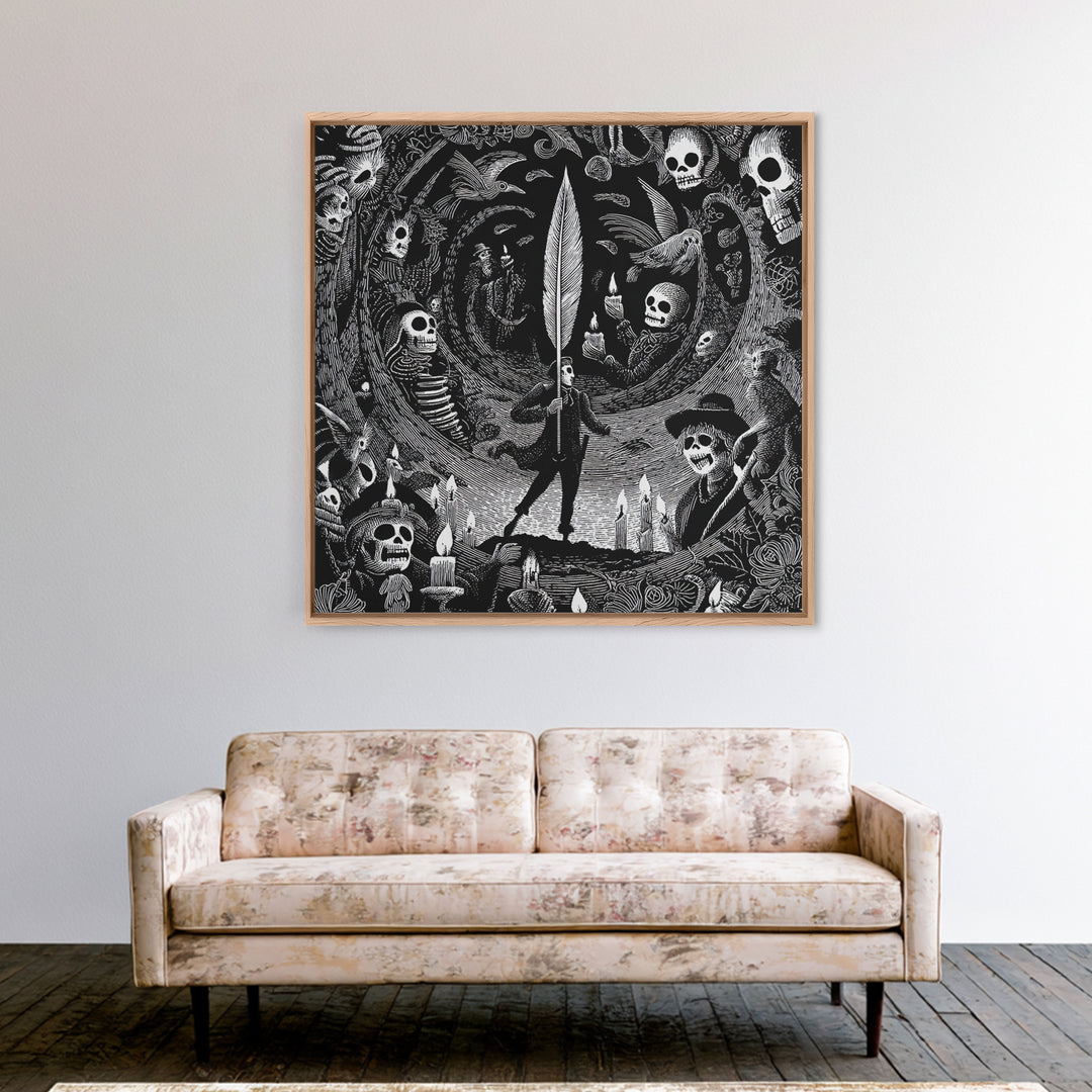 The Raven-Feather Quill, Macabre Folk Print Art, Square Wall Art, Gothic Horror Wall Art, Canvas Print, Halloween Wall Art