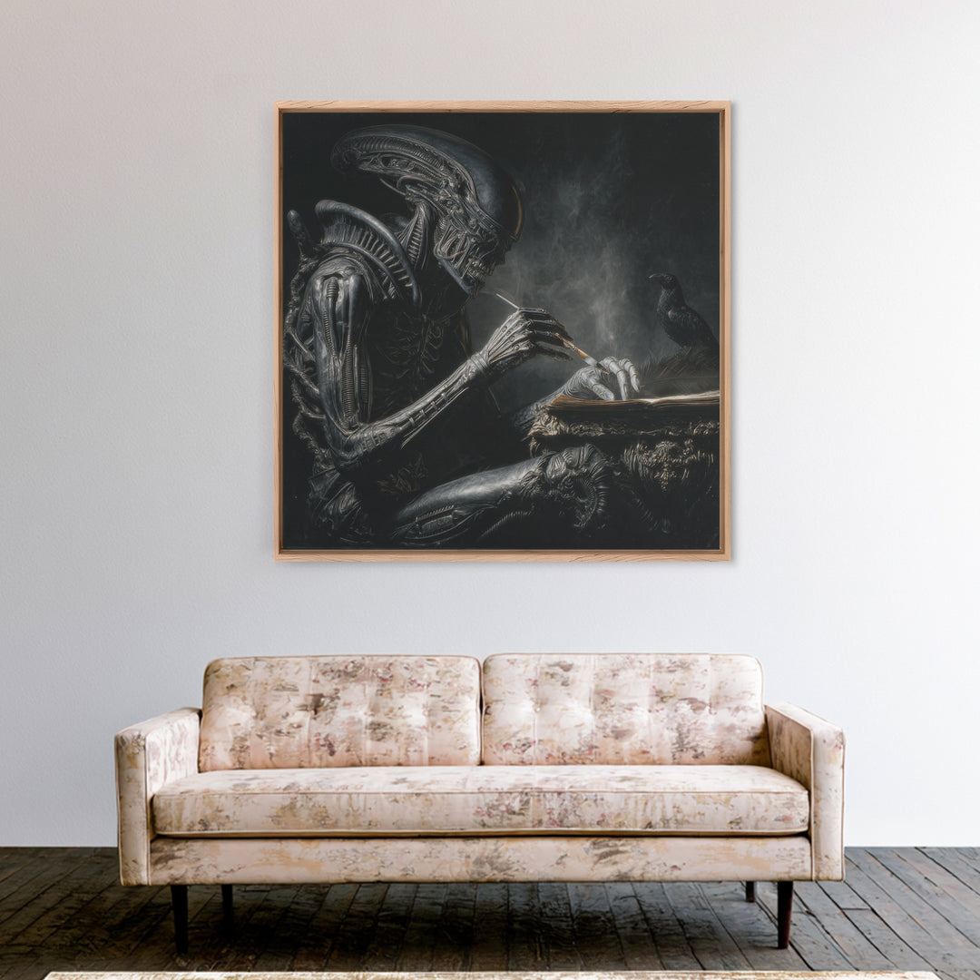 The Raven-Feather Quill, Biomechanical Horror Art, Square Wall Art, Macabre Wall Art, Canvas Print, Halloween Wall Art, Horror Wall Art