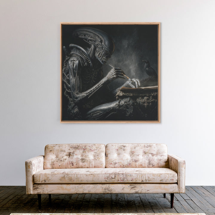 The Raven-Feather Quill, Biomechanical Horror Art, Square Wall Art, Macabre Wall Art, Canvas Print, Halloween Wall Art, Horror Wall Art