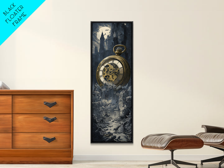 The Cursed Pocket Watch, Gothic Engraving Art, Tall Narrow Wall Art, Dark Halloween Decor, Framed Canvas Print, Halloween Wall Art