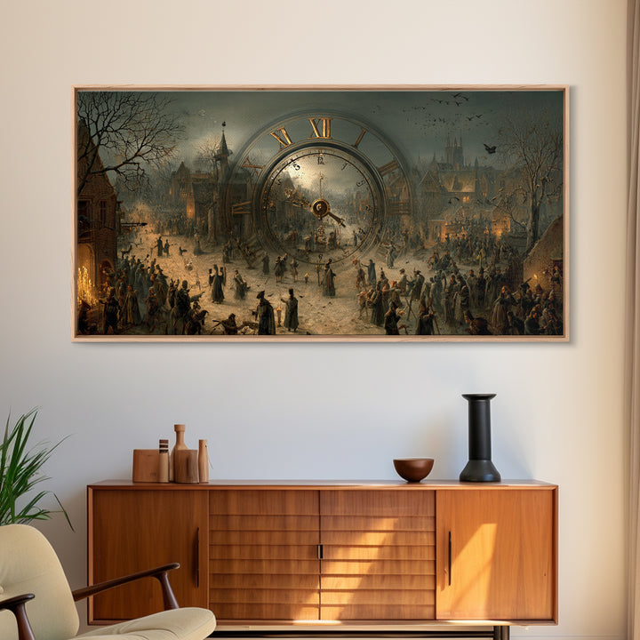 The Cursed Pocket Watch, Northern Renaissance Horror, Wide Panoramic Art, Dark Halloween Decor, Framed Canvas Print