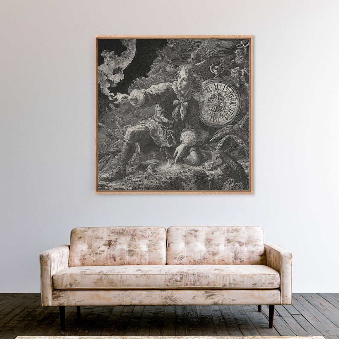 The Cursed Pocket Watch, Renaissance Engraving Art, Square Wall Art, Macabre Wall Art, Canvas Print, Halloween Wall Art