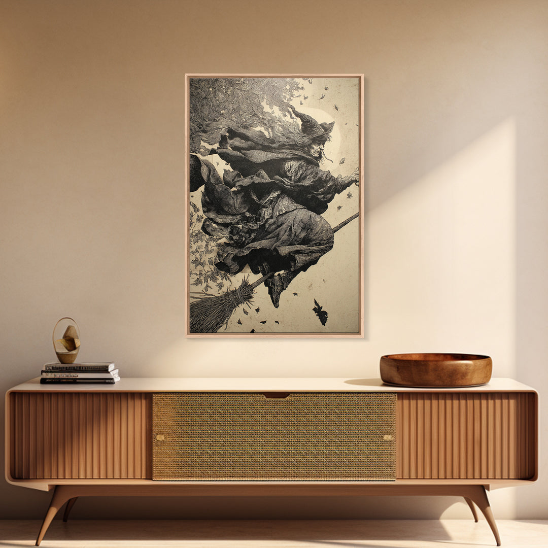 The Witch'S Broom, Renaissance Engraving Art, Vertical Wall Art, Gothic Horror Wall Art, Canvas Print, Halloween Wall Art
