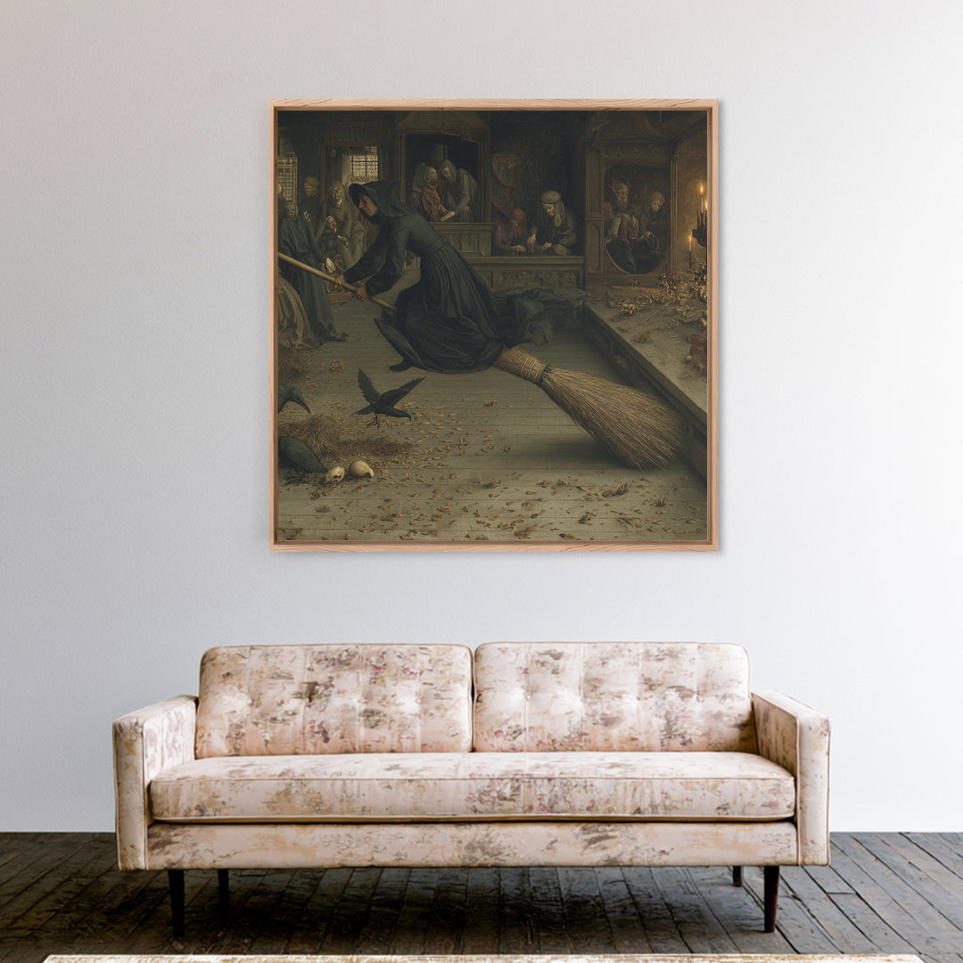 The Witch'S Broom, Danse Macabre Art, Square Wall Art, Dark Halloween Decor, Framed Canvas Print, Halloween Wall Art