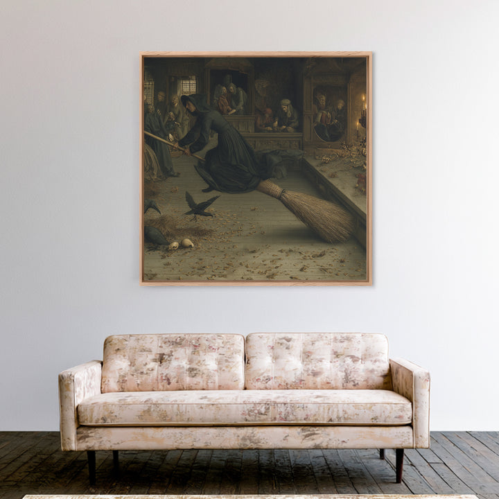 The Witch'S Broom, Danse Macabre Art, Square Wall Art, Dark Halloween Decor, Framed Canvas Print, Halloween Wall Art