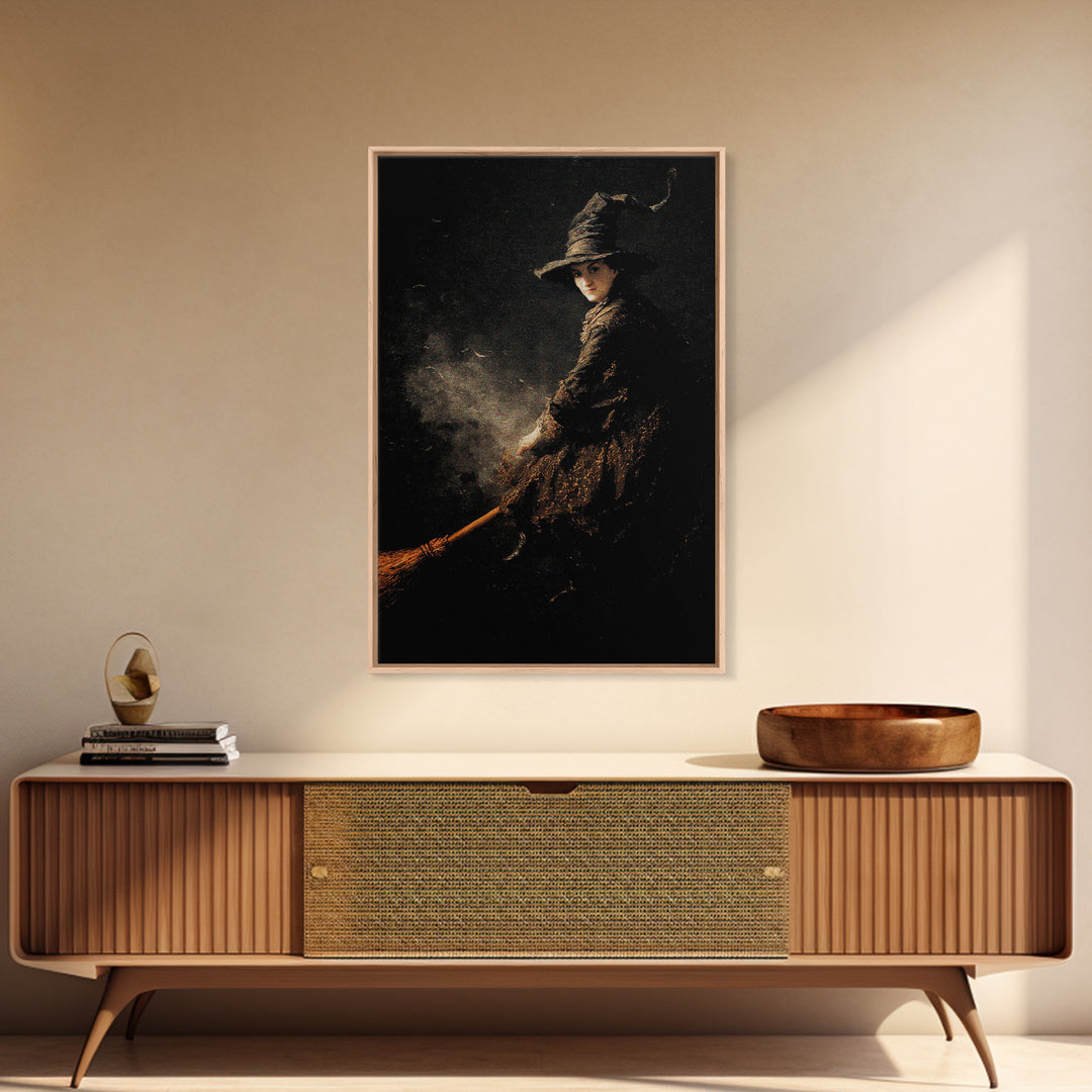 The Witch'S Broom, Dark Romantic Horror Art, Vertical Wall Art, Dark Halloween Decor, Framed Canvas Print, Halloween Wall Art