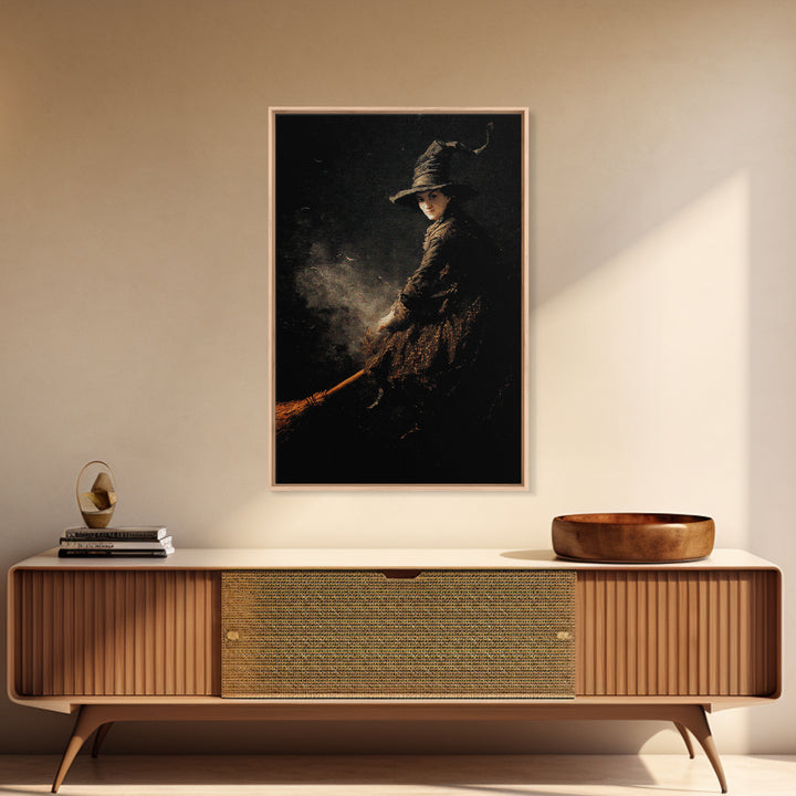 The Witch'S Broom, Dark Romantic Horror Art, Vertical Wall Art, Dark Halloween Decor, Framed Canvas Print, Halloween Wall Art