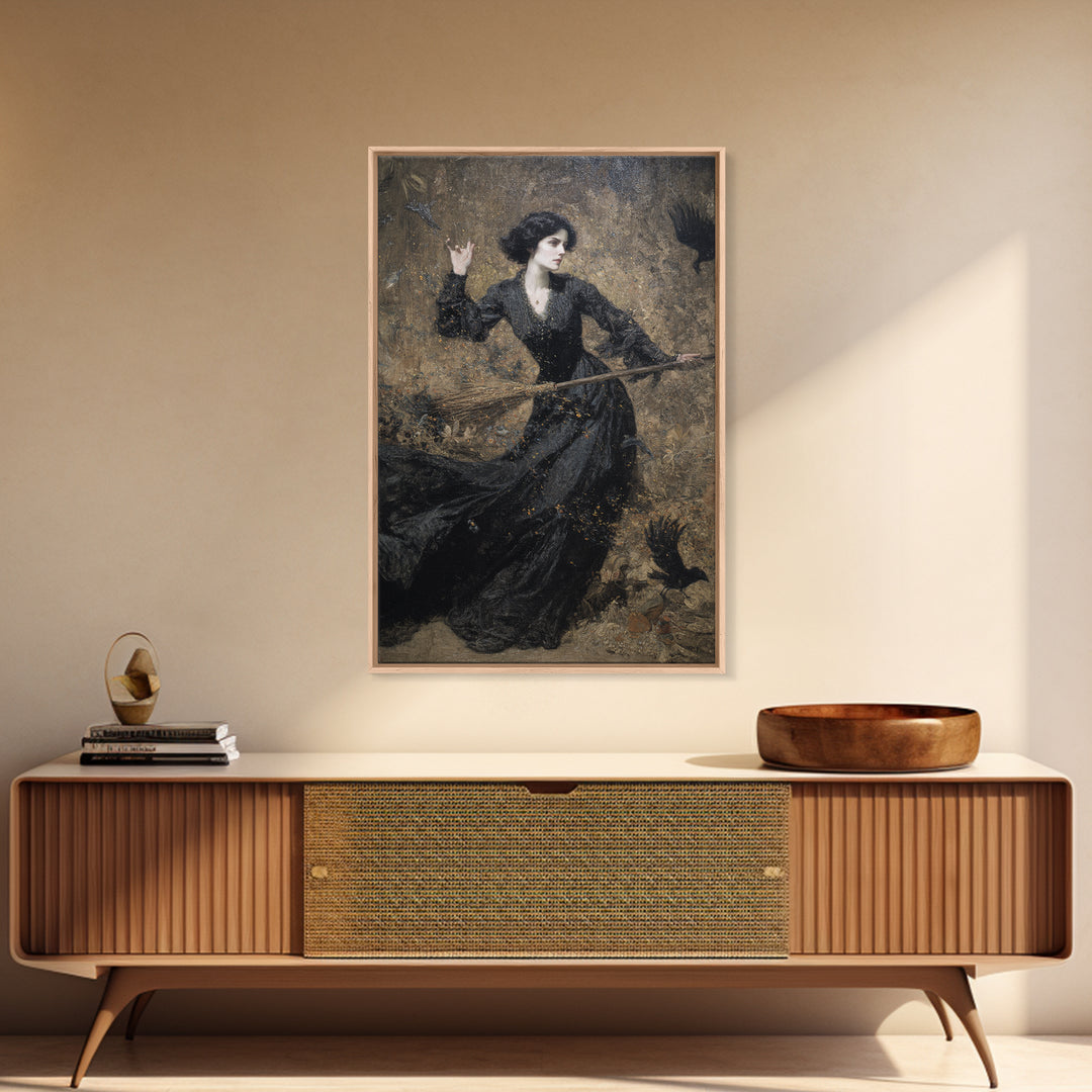 The Witch'S Broom, Ornate Symbolist Art, Vertical Wall Art, Dark Halloween Decor, Framed Canvas Print, Halloween Wall Art