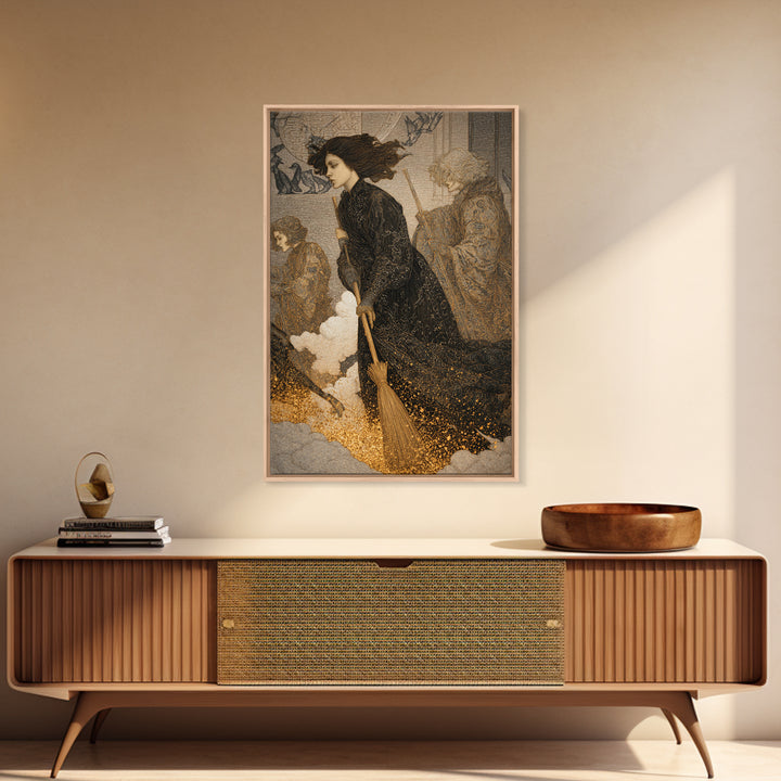 The Witch'S Broom, Symbolist Death Art, Vertical Wall Art, Macabre Wall Art, Framed Canvas Print, Halloween Wall Art