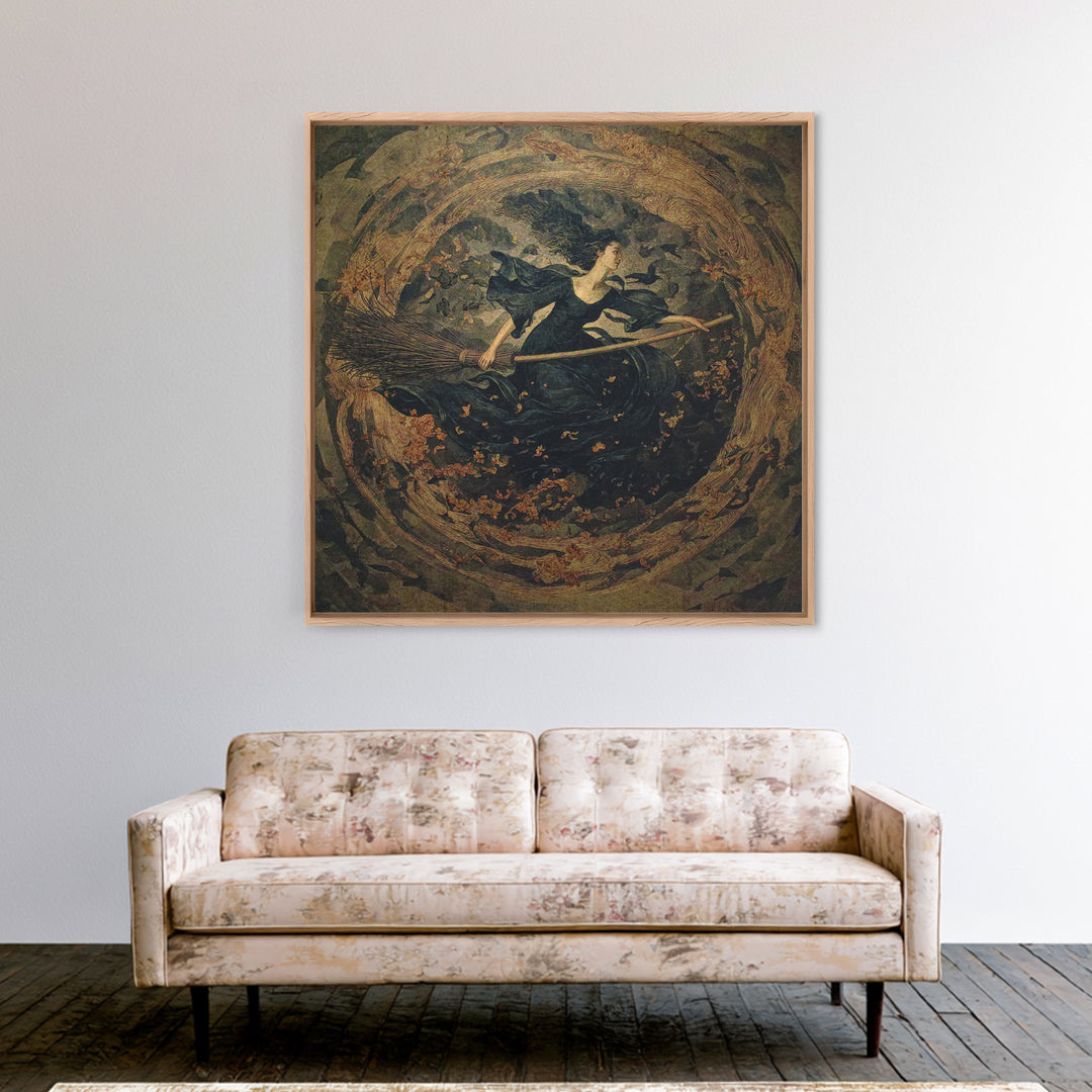The Witch'S Broom, Dark Symbolist Art, Square Wall Art, Dark Fantasy Wall Art, Framed Canvas Print, Halloween Wall Art