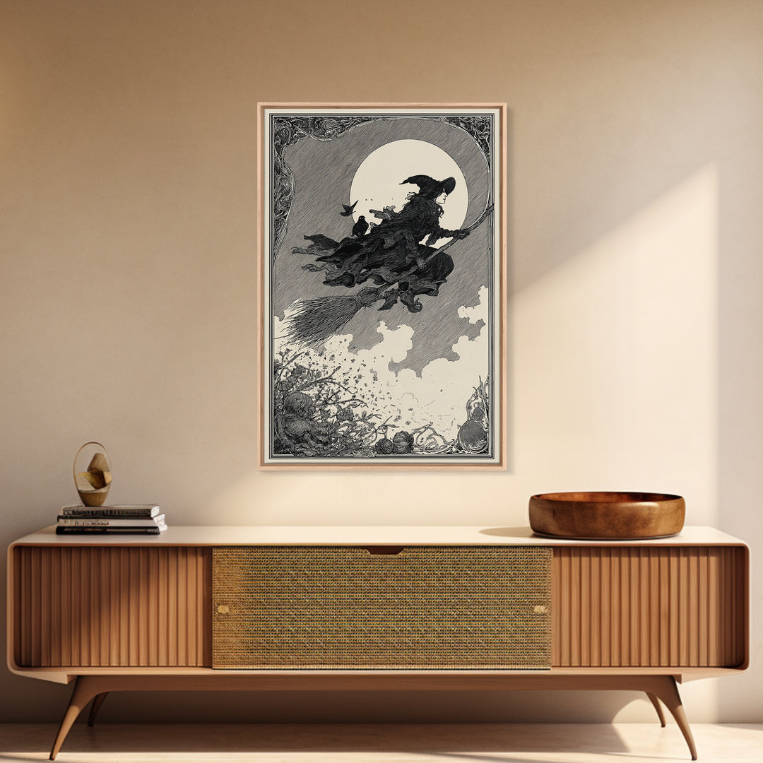 The Witch'S Broom, Decadent Line Art, Vertical Wall Art, Macabre Wall Art, Canvas Print, Halloween Wall Art, Gothic Home Decor