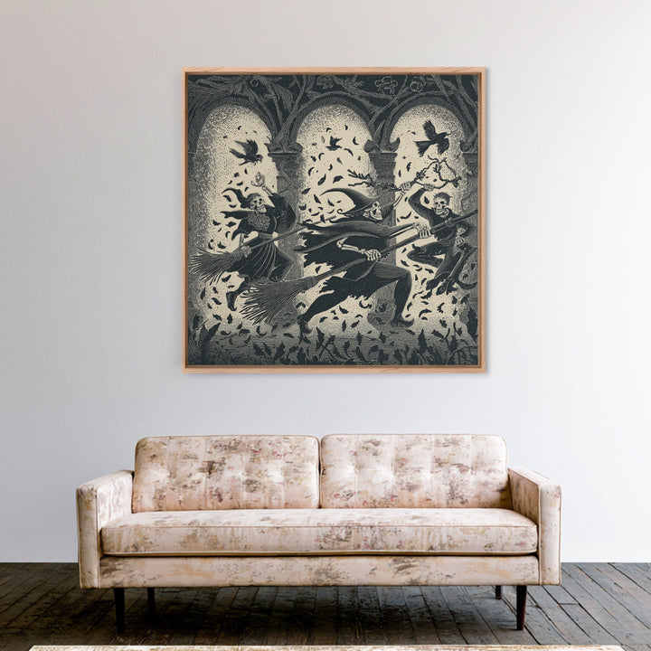 The Witch'S Broom, Macabre Folk Print Art, Square Wall Art, Dark Fantasy Wall Art, Framed Canvas Print, Halloween Wall Art