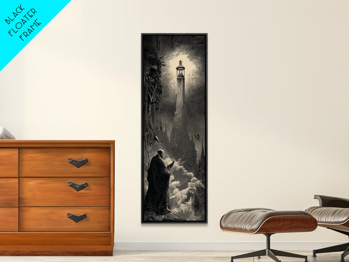 The Bone-Handled Lantern, Gothic Engraving Art, Tall Narrow Wall Art, Dark Halloween Decor, Framed Canvas Print, Halloween Wall Art