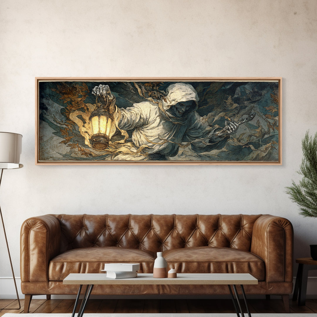The Bone-Handled Lantern, Visionary Gothic Art, Extra Wide Wall Art, Dark Halloween Decor, Canvas Print, Halloween Wall Art