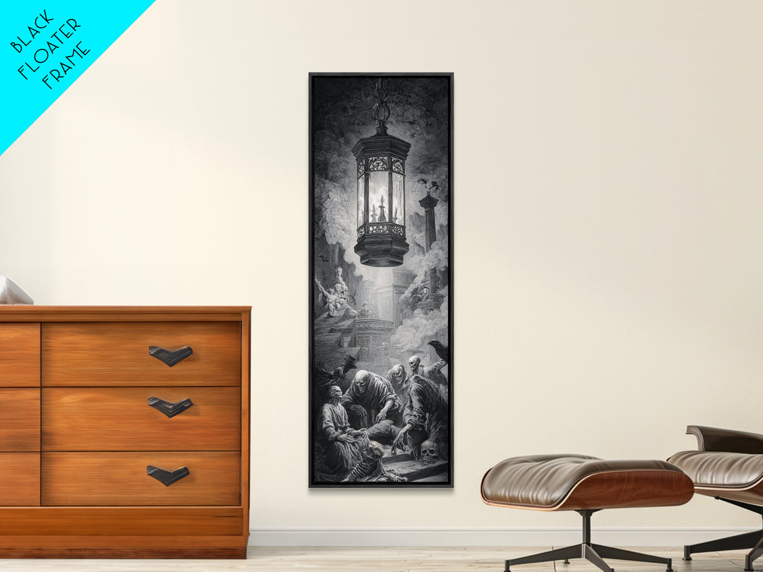 The Bone-Handled Lantern, Architectural Etching Art, Tall Narrow Wall Art, Dark Fantasy Wall Art, Framed Canvas Print