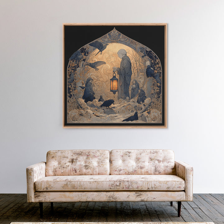 The Bone-Handled Lantern, Symbolist Death Art, Square Wall Art, Dark Halloween Decor, Framed Canvas Print, Halloween Wall Art