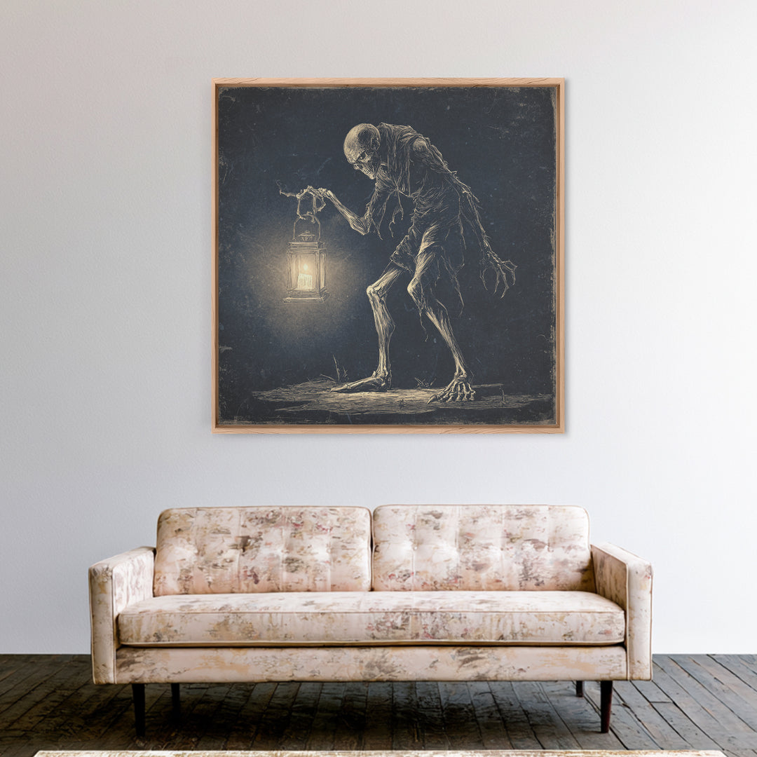 The Bone-Handled Lantern, Expressionist Nightmare Art, Square Wall Art, Dark Fantasy Wall Art, Framed Canvas Print, Halloween Wall Art