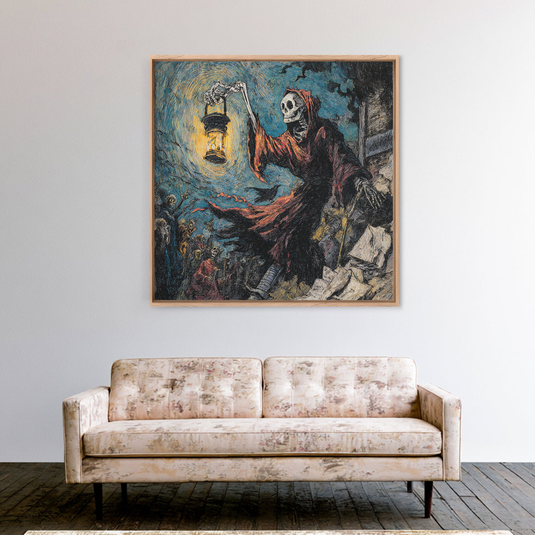 The Bone-Handled Lantern, Grotesque Carnival Art, Square Wall Art, Macabre Wall Art, Framed Canvas Print, Halloween Wall Art