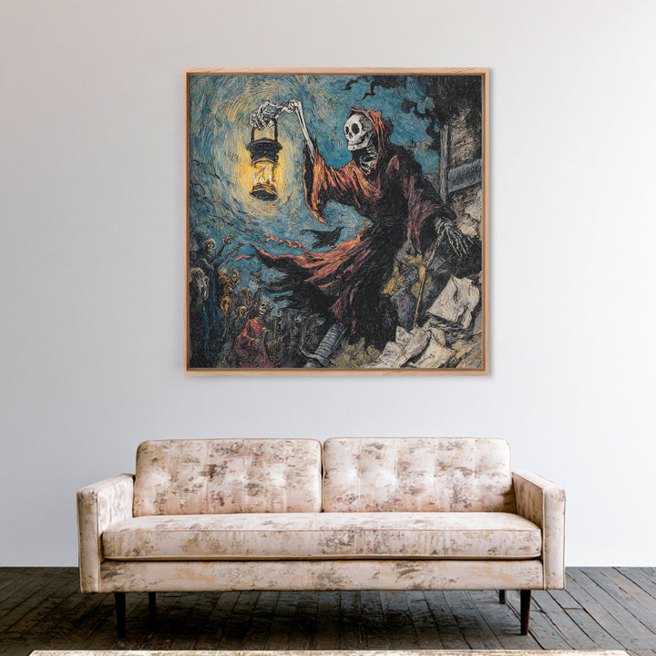 The Bone-Handled Lantern, Grotesque Carnival Art, Square Wall Art, Macabre Wall Art, Framed Canvas Print, Halloween Wall Art