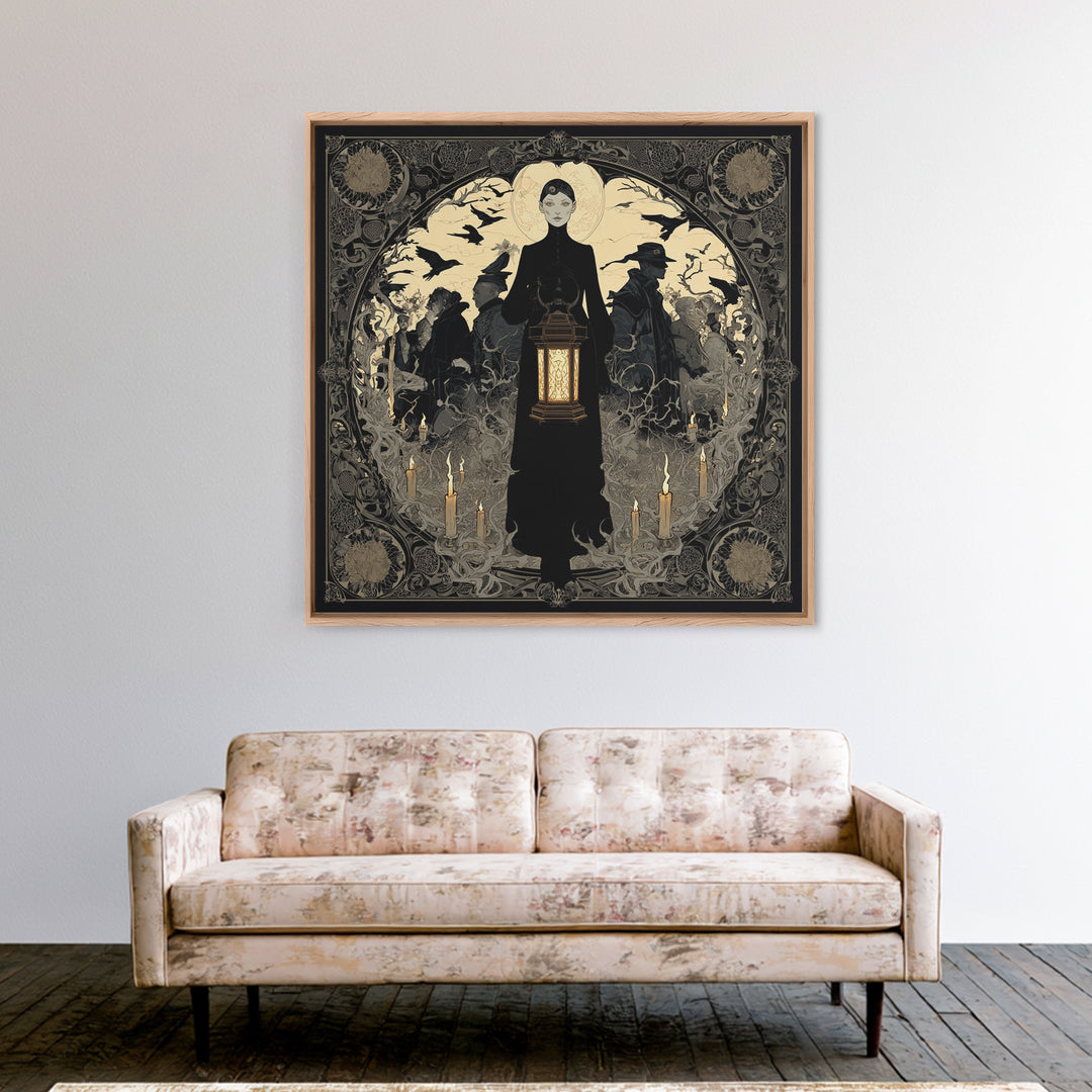 The Bone-Handled Lantern, Decadent Line Art, Square Wall Art, Gothic Horror Wall Art, Framed Canvas Print, Halloween Wall Art