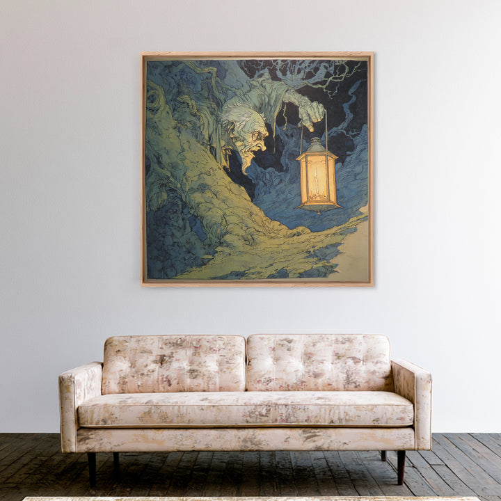 The Bone-Handled Lantern, Gothic Storybook Art, Square Wall Art, Gothic Horror Wall Art, Framed Canvas Print, Halloween Wall Art