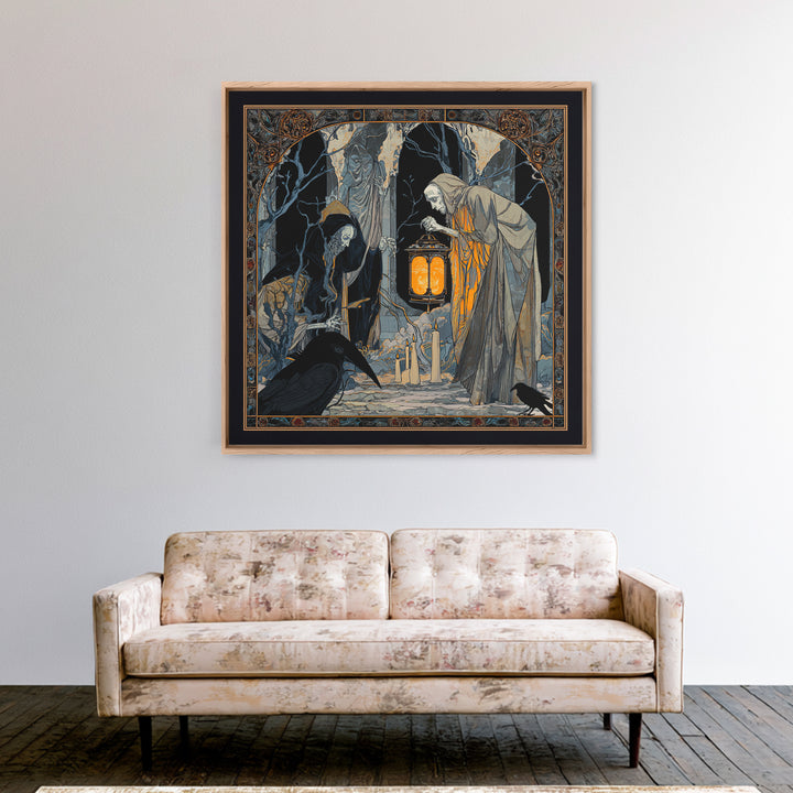 The Bone-Handled Lantern, Stained Glass Gothic Art, Square Wall Art, Gothic Horror Wall Art, Framed Canvas Print, Halloween Wall Art