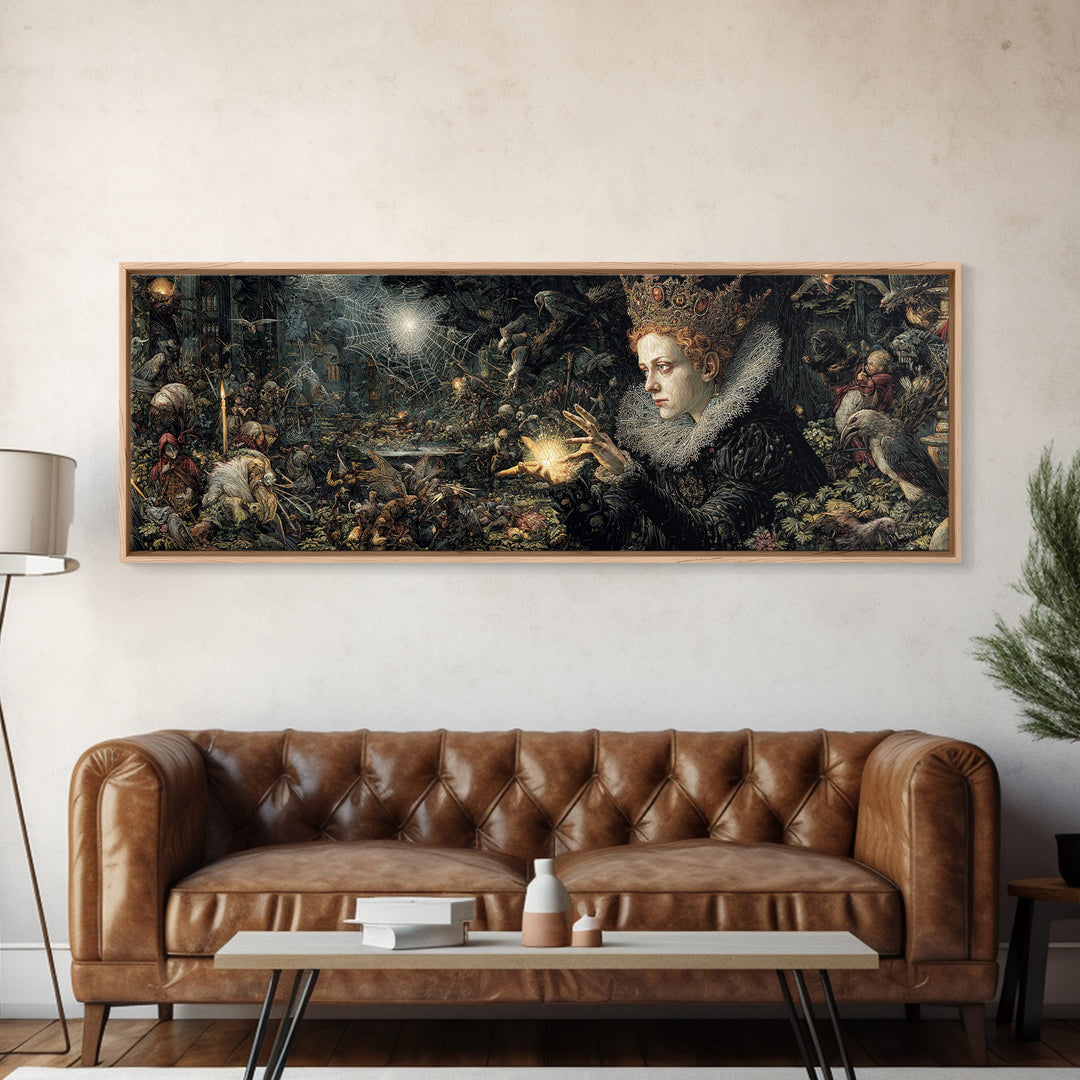 The Spiderweb Crown, Medieval Grotesque Art, Extra Wide Wall Art, Dark Fantasy Wall Art, Framed Canvas Print, Halloween Wall Art