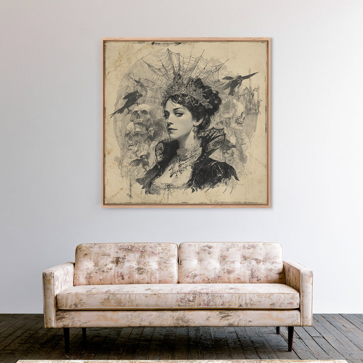 The Spiderweb Crown, Decadent Gothic Art, Square Wall Art, Dark Halloween Decor, Framed Canvas Print, Halloween Wall Art