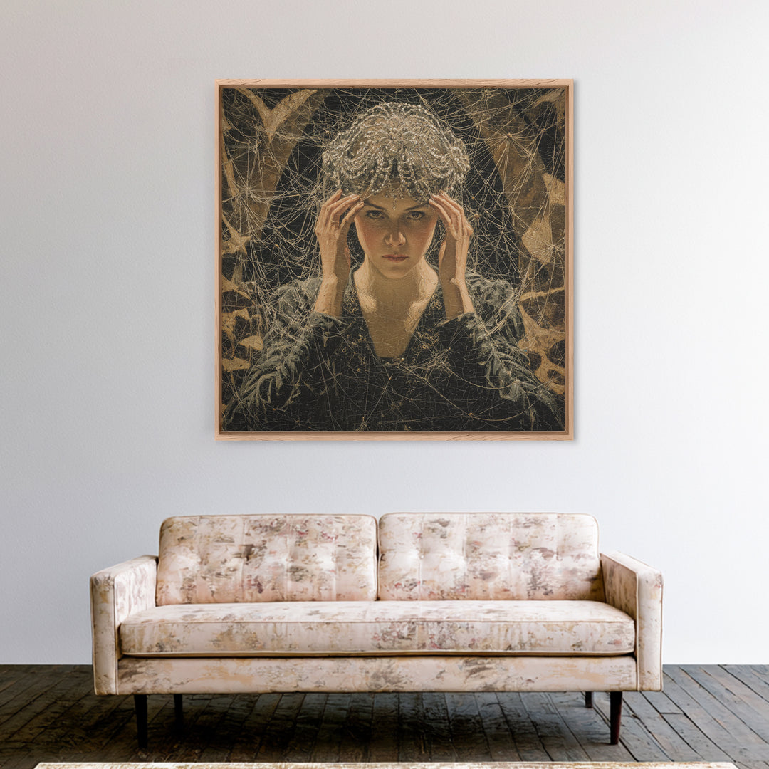 The Spiderweb Crown, Dark Symbolist Art, Square Wall Art, Dark Halloween Decor, Framed Canvas Print, Halloween Wall Art