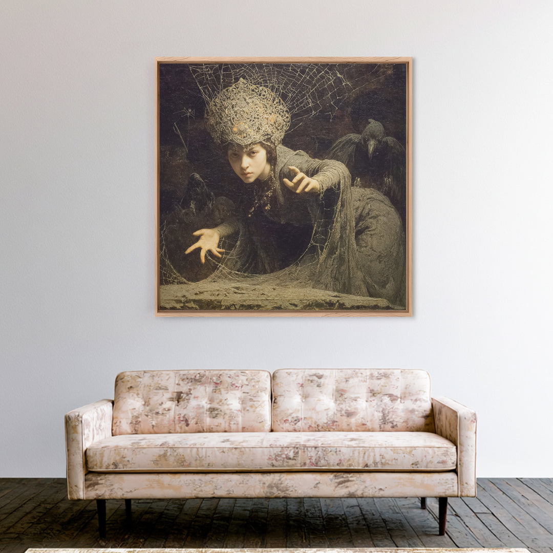 The Spiderweb Crown, Symbolist Etching Art, Square Wall Art, Dark Fantasy Wall Art, Canvas Print, Halloween Wall Art