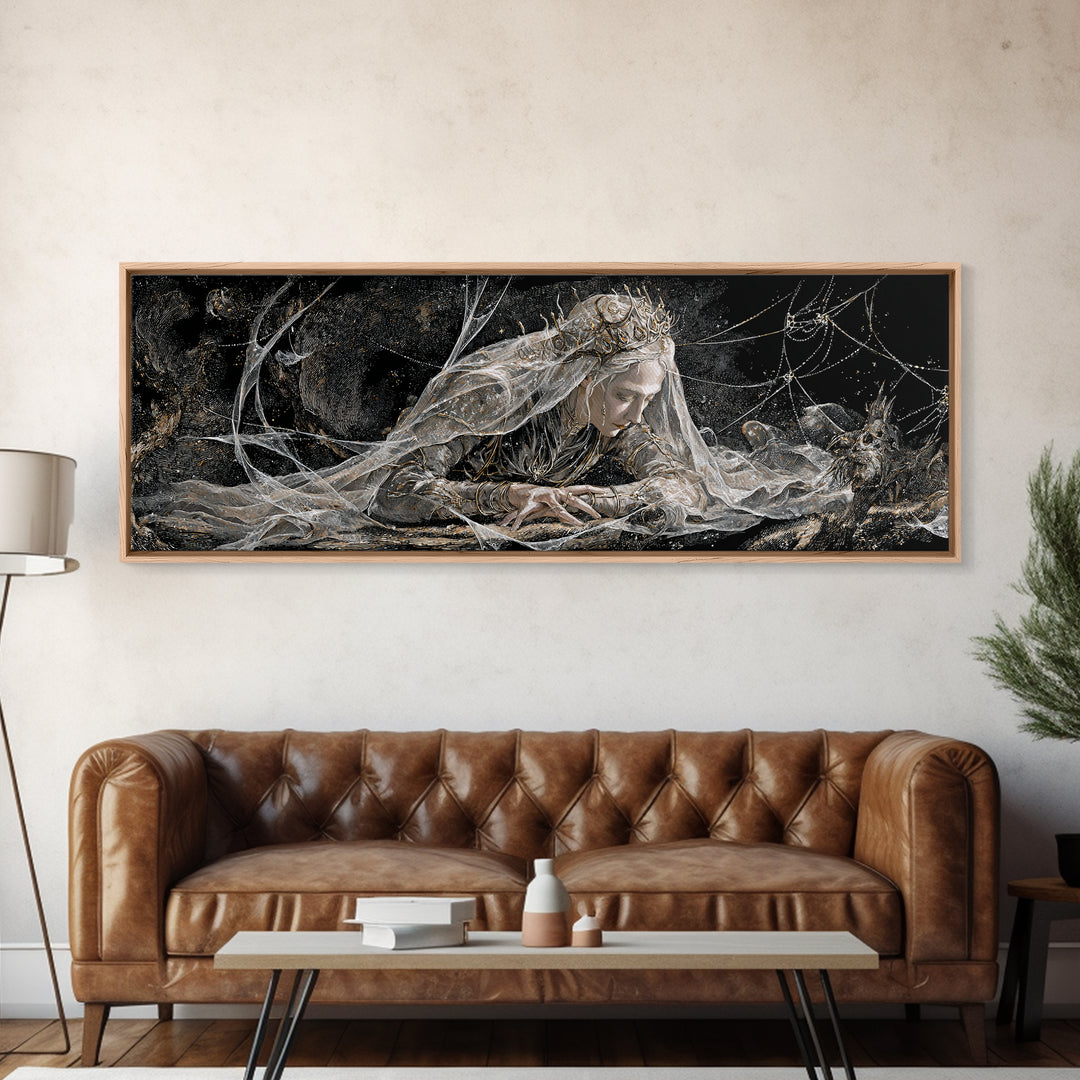 The Spiderweb Crown, Expressionist Nightmare Art, Extra Wide Wall Art, Macabre Wall Art, Framed Canvas Print, Halloween Wall Art