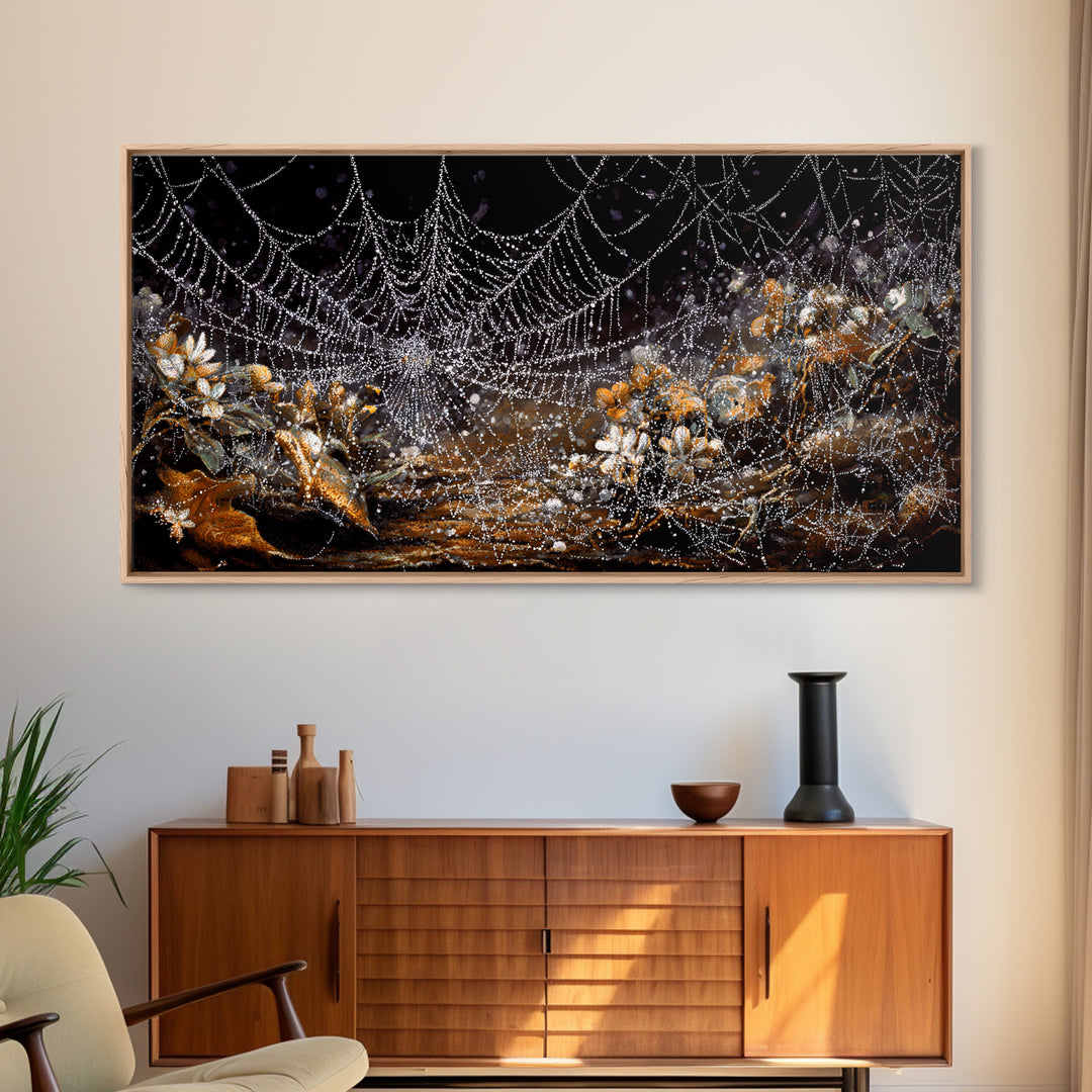 The Spiderweb Crown, Grotesque Carnival Art, Wide Panoramic Art, Dark Halloween Decor, Framed Canvas Print, Halloween Wall Art