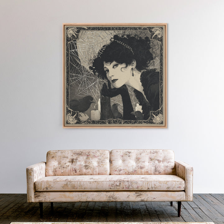 The Spiderweb Crown, Decadent Line Art, Square Wall Art, Gothic Horror Wall Art, Canvas Print, Halloween Wall Art