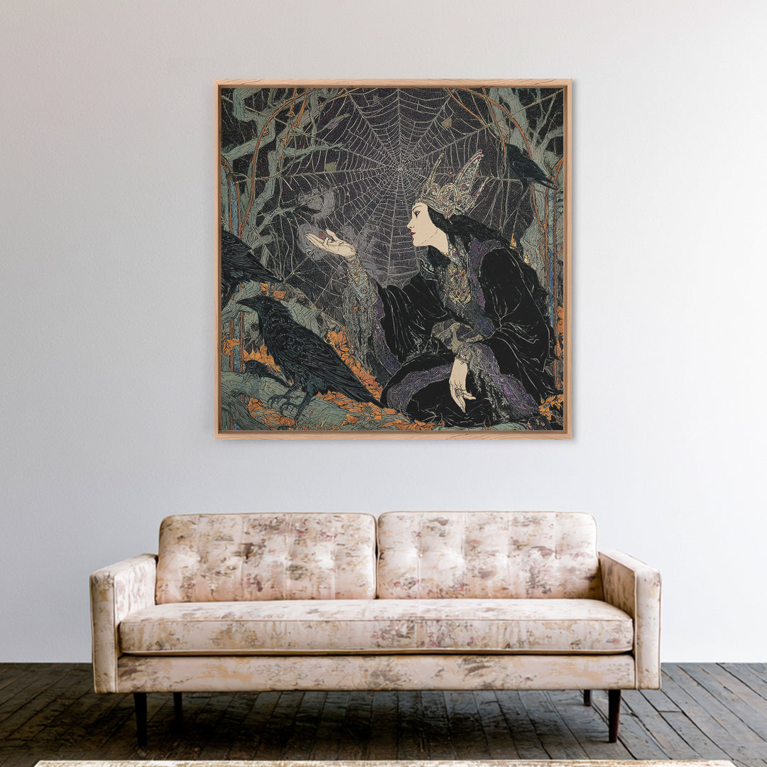 The Spiderweb Crown, Stained Glass Gothic Art, Square Wall Art, Macabre Wall Art, Framed Canvas Print, Halloween Wall Art