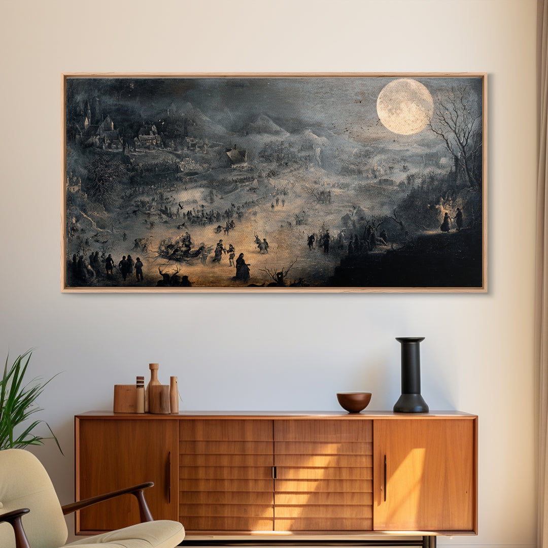 The Moonstone Amulet, Northern Renaissance Horror, Wide Panoramic Art, Dark Halloween Decor, Framed Canvas Print
